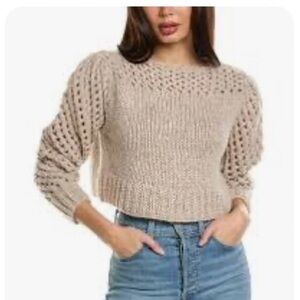 LOVESHACKFANCY open knit tan alpaca cropped puff sleeve sweater size large